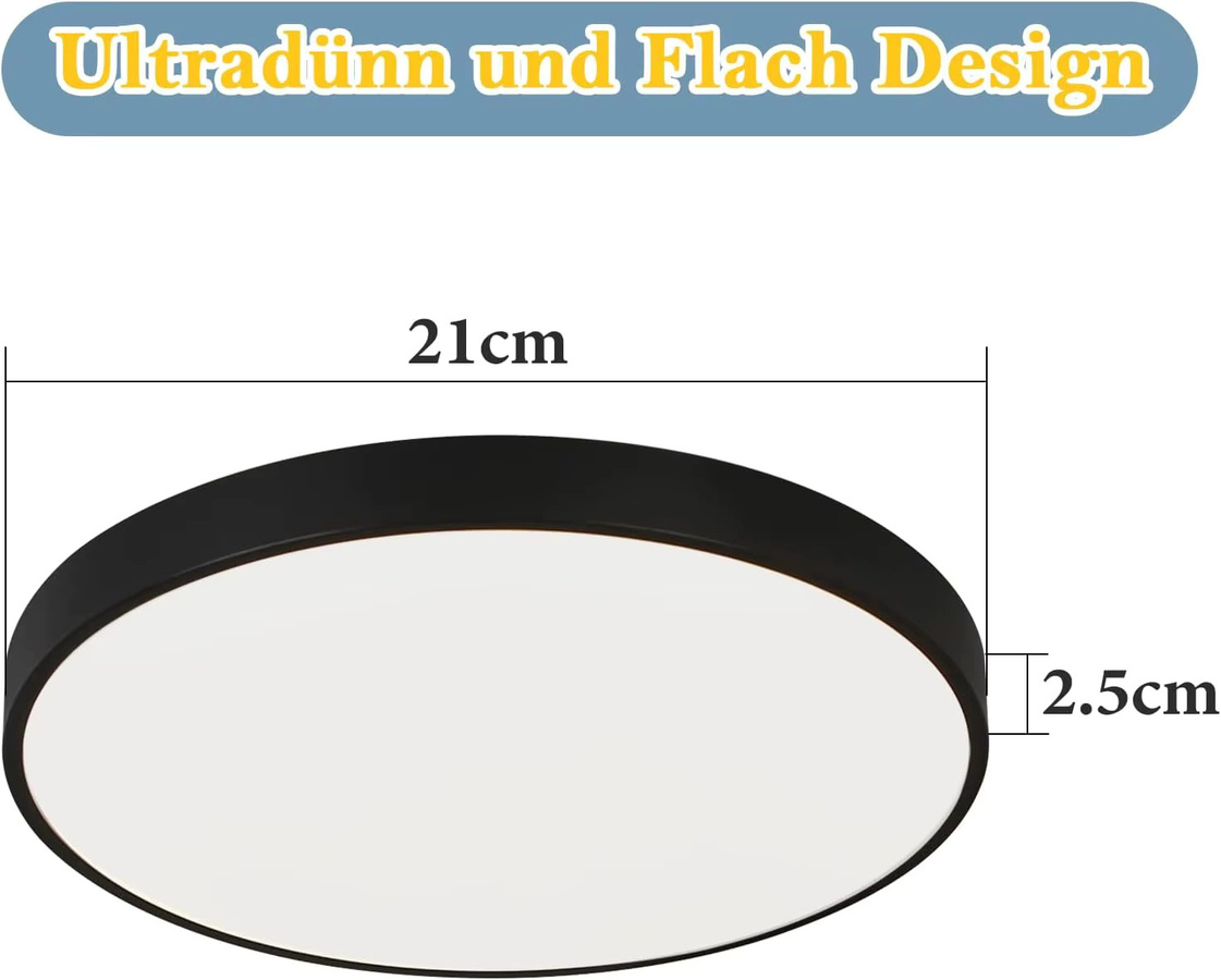 Cliheet LED-Deckenleuchte rund in Schwarz, 12W, IP44 wasserdicht, Warmweiß 3000K, Durchmesser: 21 cm - Bild 3