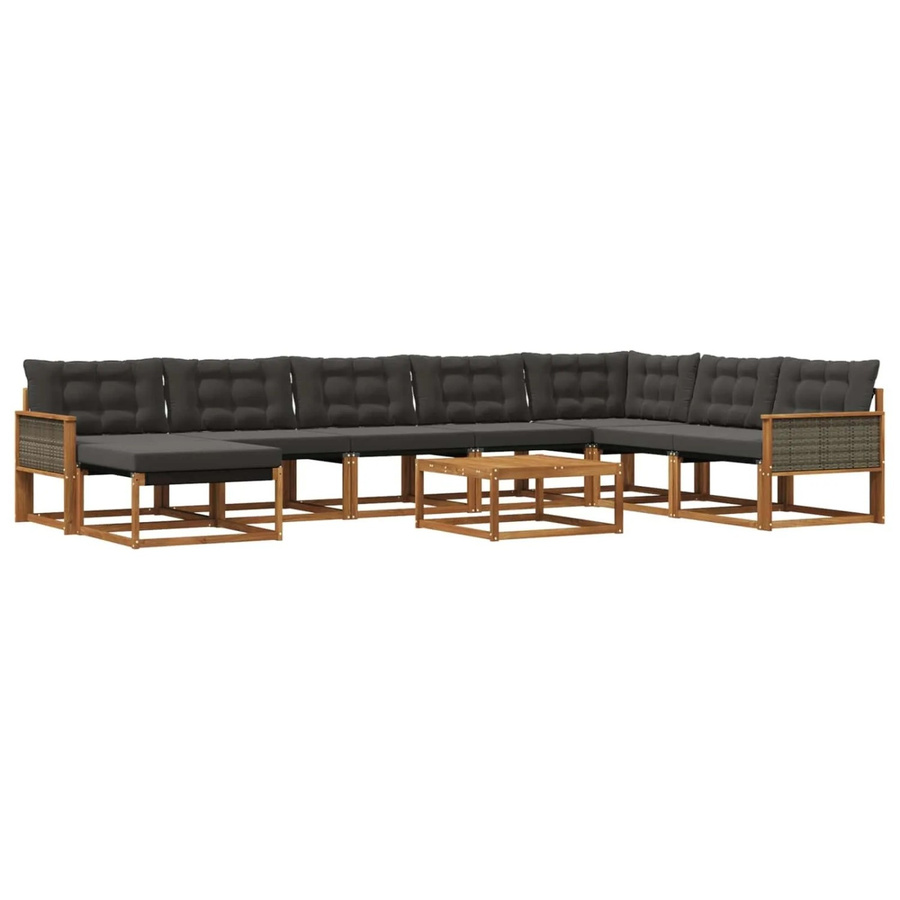 vidaXL Outdoor-Sofagarnitur L-Form aus Akazienholz mit 9 Textilene-Kissen in Schwarz und Braun - Bild 2