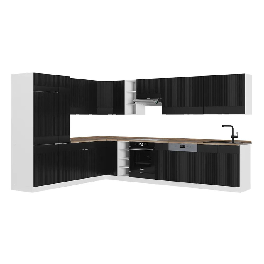 Vicco Fame-Line Eckküche in Schwarz gestreift und Weiß mit Eiche-Optik, B: 372,72 cm, B: 347 cm, H: 257 cm - Bild 2
