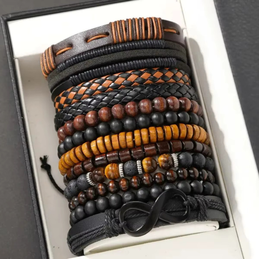 Armband-Set Kunstleder, Tigerauge, Mondsteinperlen, Vintage, Unisex - Bild 4