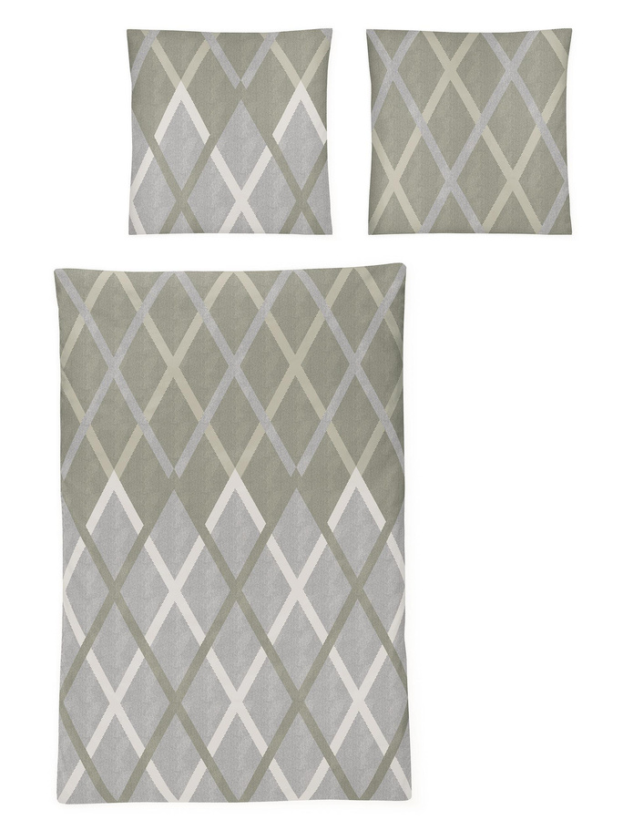 Irisette Feinbiber Bettwäsche mit Rautenmuster in Oliv, Creme und Grau, bestehend aus Bettbezug und Kissenbezug, B/T/H: 155 x 220 cm und 80 x 80 cm - Bild 1