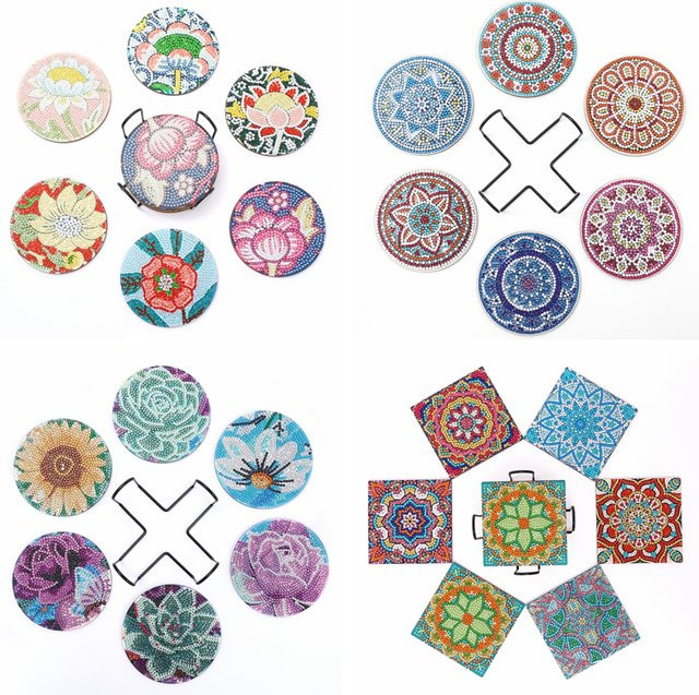 6er Set DIY Diamantmalerei Untersetzer mit Halter aus Holz, Mandala Blumen Design in Grün und Mehrfarbig, Rund - Bild 1