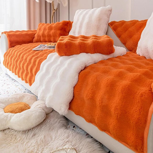 Winter Verdickter Sofabezug aus Kaninchen-Plüsch in Orange, Rutschfeste Sofamatte für dein Sofa, B/B: 70 x 70 cm - Bild 1