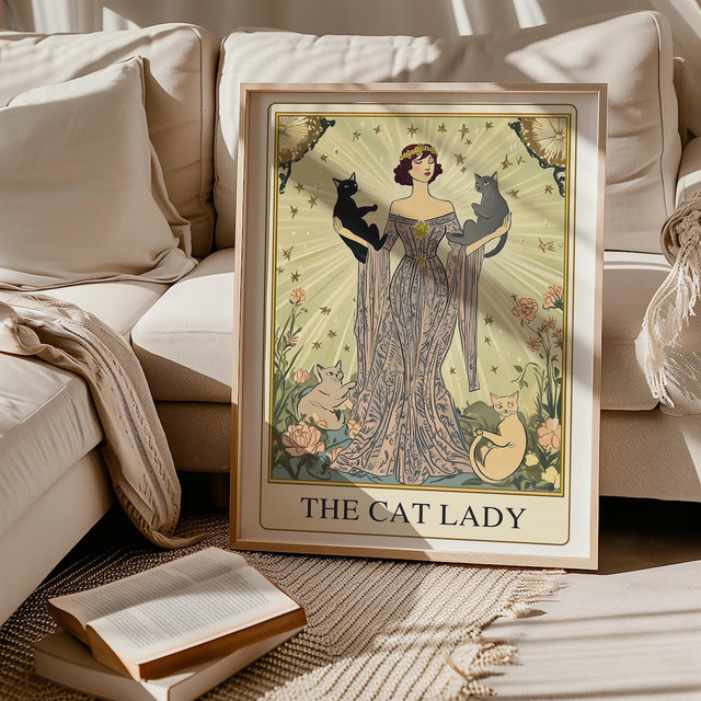 Cat Lady Tarot Wandkunst SHENCHEN Art Nouveau Kunstdruck als buntes Katzenposter im floralen Design - Bild 1
