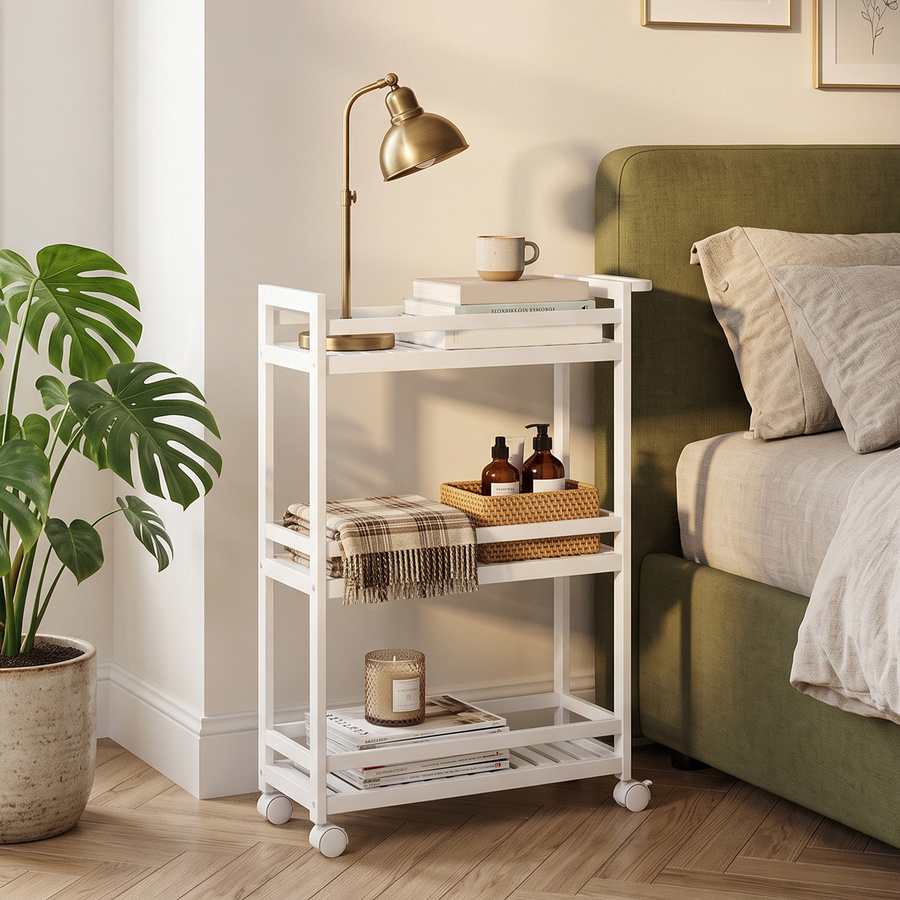 HOMCOM Servierwagen aus Bambus mit 3 Ebenen und Rollen, Küchenwagen in Weiß für Küche, Büro und Badezimmer - Bild 1