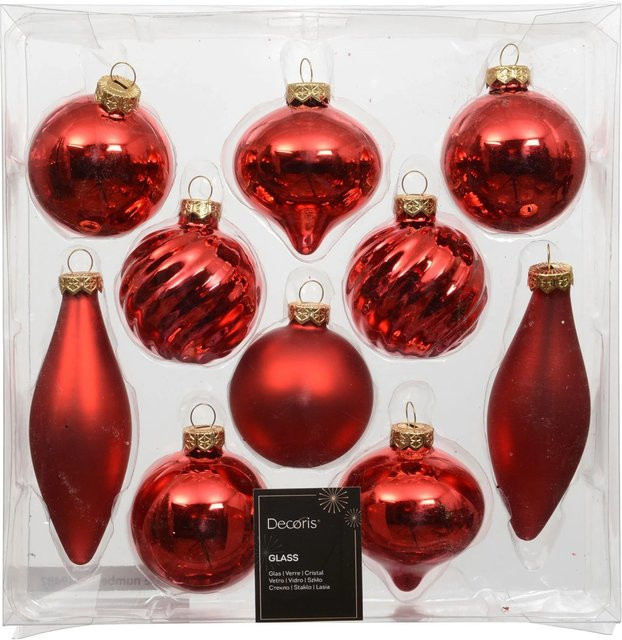 Decoris Weihnachtskugeln aus Glas in Hellrot, 10-teiliges Set mit verschiedenen Mustern - Bild 1