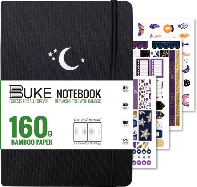 BUKE DOT-GRID MOON Stars Skizzenbuch und gepunktetes Tagebuch mit Hardcover aus schwarzem Stoff, A5, 160 Seiten aus 160 g/m2 Bambuspapier - Bild 1