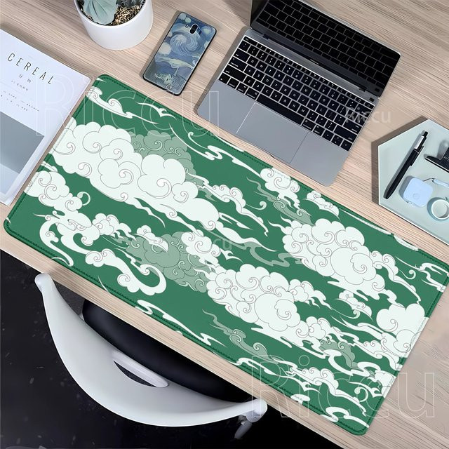 Riccu Gaming Mousepad Wolke Cartoon in Grün, rutschfeste Schreibtischunterlage XXL, B/T: 90 x 40 cm - Bild 1