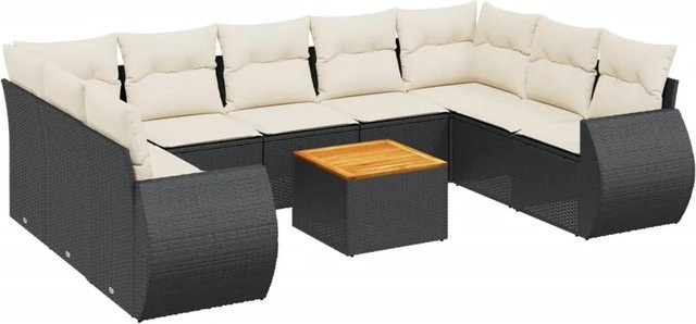 vidaXL 10-teilige Garten-Sofagarnitur aus Poly-Rattan und Akazienholz in Schwarz-Creme mit Kissen - Bild 1