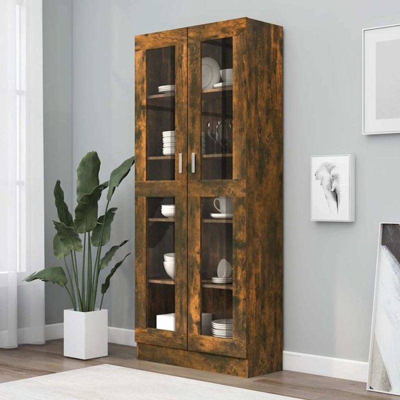 Vidaxl Vitrinenschrank in Räuchereiche Braun aus Holzwerkstoff und Glas im Landhausstil, B/T/H: 82,5 x 30,5 x 185,5 cm - Bild 1