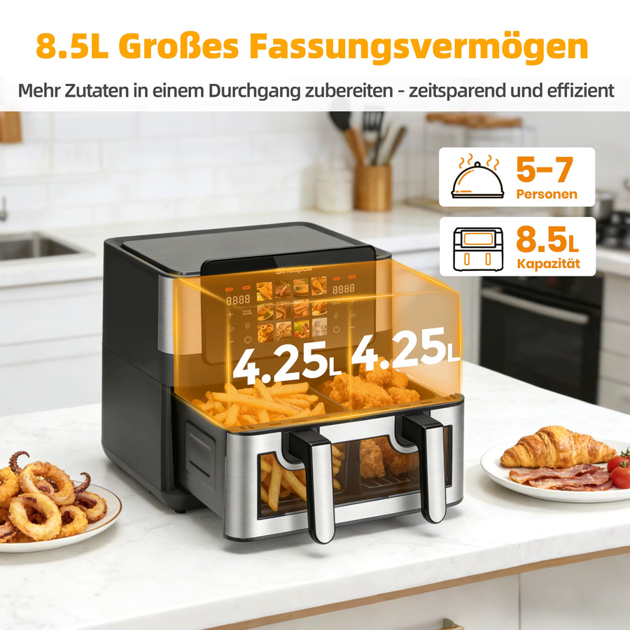Sinaopus Dual-Korb Heißluftfritteuse mit 8,5L Volumen, 2000W, LED-Touchscreen, Sichtfenster und 12 Programmen, Schwarz - Bild 4