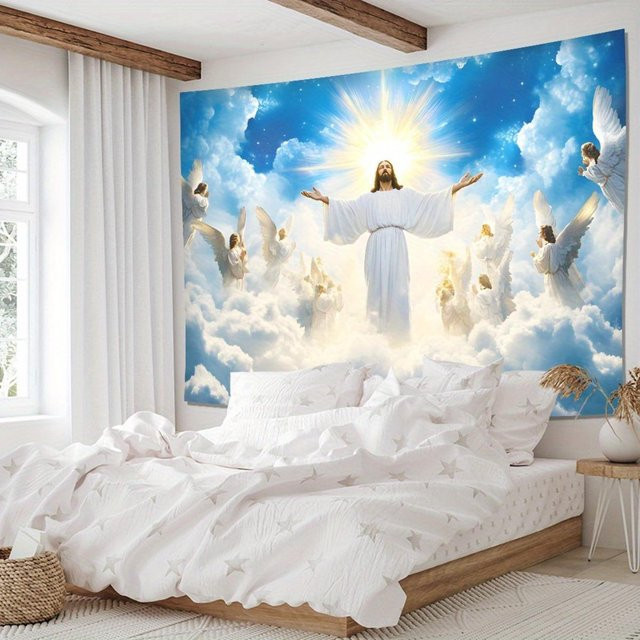 Religiöser Wandteppich Jesus Christus mit Engeln und Wolken von JMG Household Supplies, Blau, B: 150 cm, H: 200 cm - Bild 1