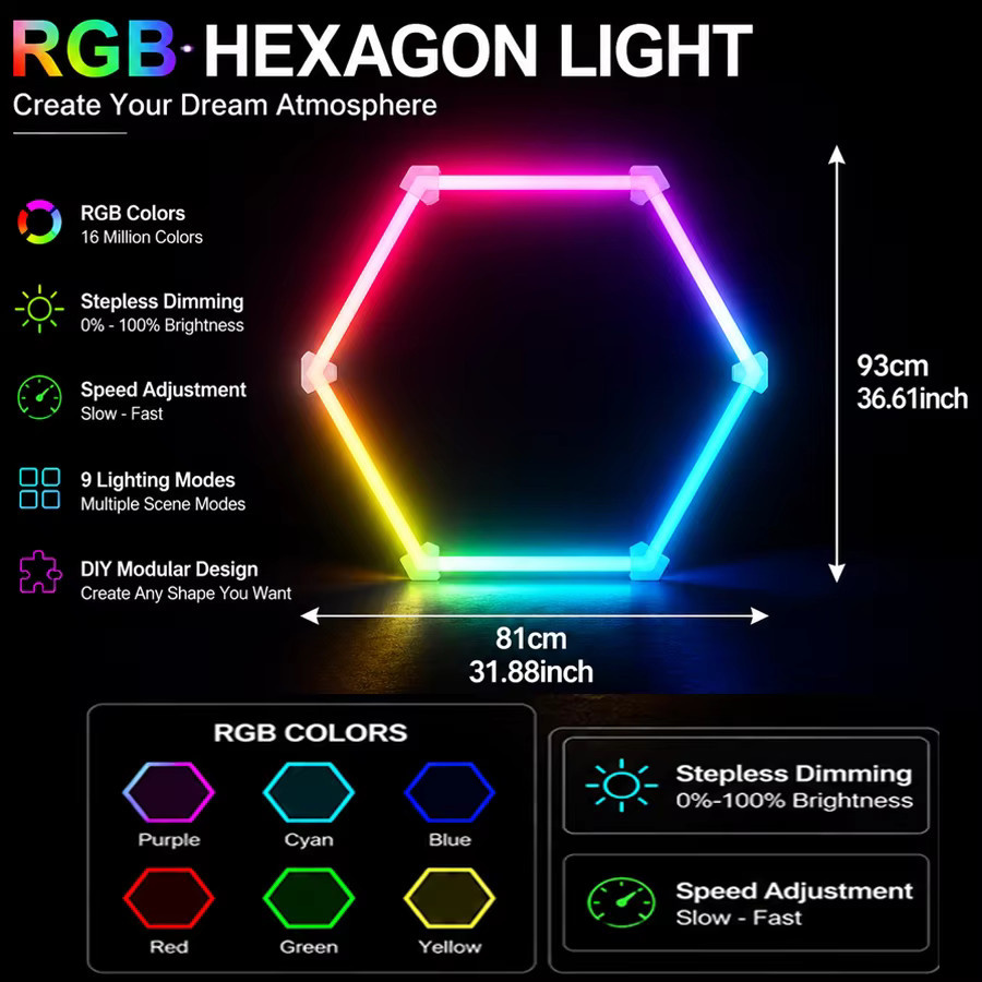 PIBAOGU Dimmbare Sechseckige LED-Deckenleuchte RGB Farbwechsel Modern Wabenförmige Beleuchtung für Wohnzimmer, Garage, Fitnessstudio oder Gaming-Bereich - Bild 5