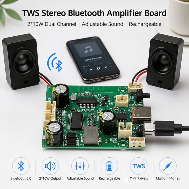 Gaqqee TWS Stereo Bluetooth Leistungsverstärker-Platine mit 2x10W Ausgangsleistung und Lademöglichkeit, Grün - Bild 1