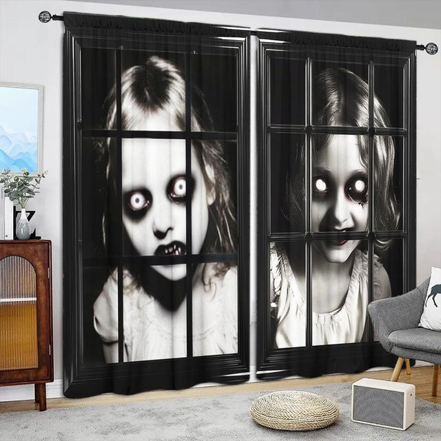 2er-Set bedruckte Vorhänge mit Motiv Mädchen am Fenster in Grau und Schwarz, halbtransparent, Polyester, Breite: 52,5 cm, Höhe: 116 cm - Bild 1