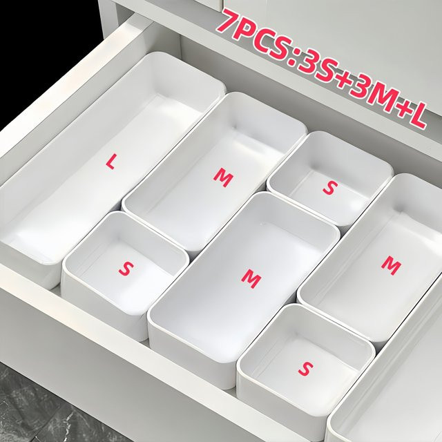 7-teiliges Schubladen-Organizer-Set aus Kunststoff mit Trennwänden in Weiß für Kosmetik und Hautpflege - Bild 1
