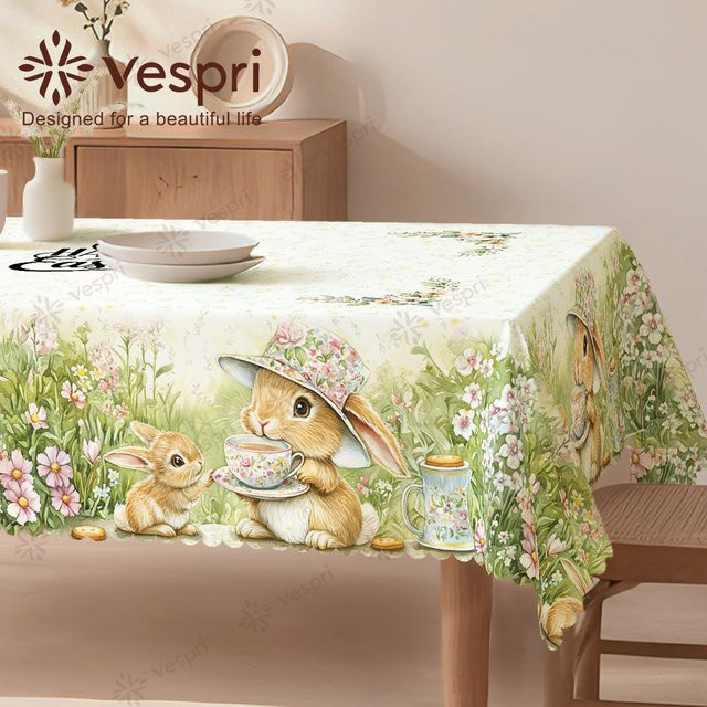 Vespri Oster-Tischdecke mit Blumenmuster, Hasen und Tassen in Weiß-Grün für deine Partydekoration im Landhausstil - Bild 1