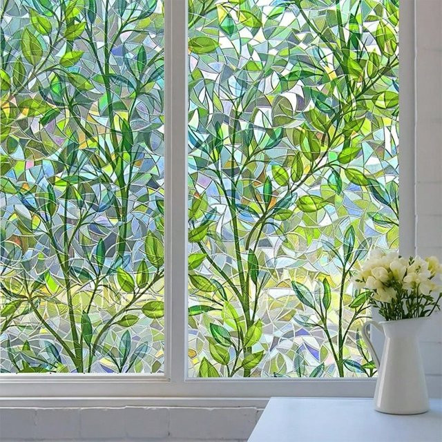BUNPIG 3D-Fensterfolie mit Blattmuster in Multicolour, statisch haftende Fensterdekoration mit Buntglaseffekt für Badezimmer und Büro - Bild 1