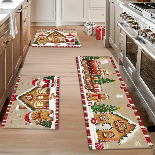 VIKAMA Weihnachtsteppich Set mit 3 Stück im Lebkuchenhaus-Design, Mehrfarbig, Rechteckig - Bild 1