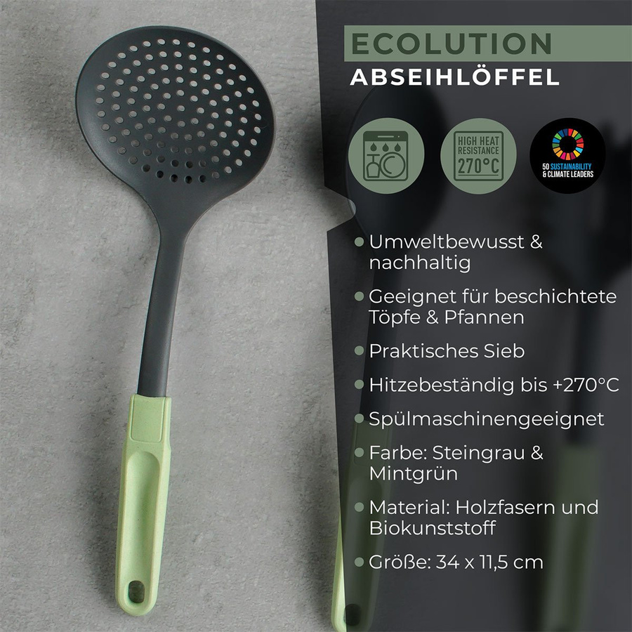 Fackelmann Ecolution Abseihlöffel Skimmer in Grau und Grün mit Aufhängeschlaufe, hitzebeständig und spülmaschinenfest - Bild 3
