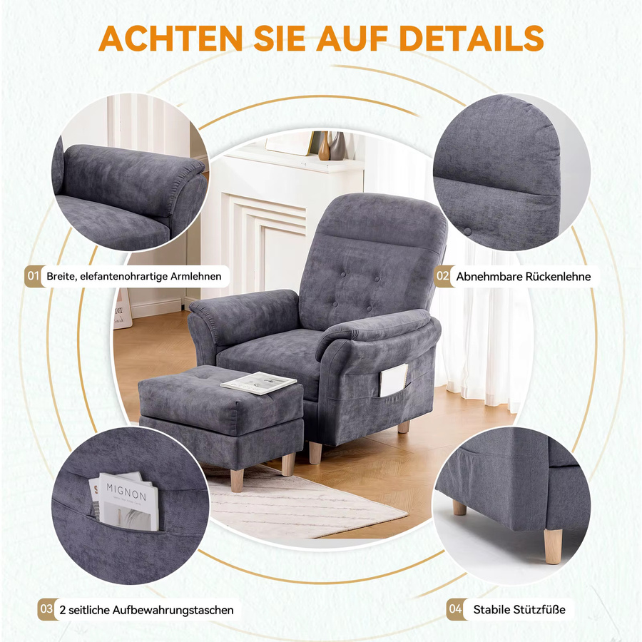COMHOMA Relaxsessel mit Hocker und verstellbarer Rückenlehne aus Chenille Stoff, Polstersessel für Wohnzimmer und Schlafzimmer - Bild 3