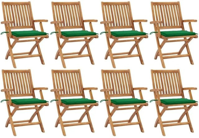 Set aus 8 klappbaren Gartenstühlen von vidaXL aus Massivholz Teak mit Kissen in Braun und Grün - Bild 1
