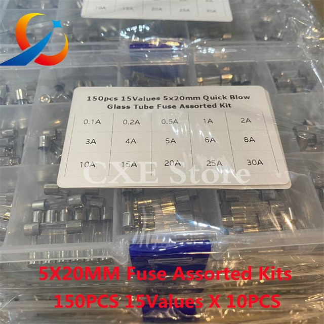 150-teiliges Set flinke Glasrohrsicherungen transparent, 15 verschiedene Stromstärken von 0,1 A bis 30 A, Maße: 5 x 20 mm - Bild 1