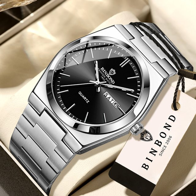 BINBOND Armbanduhr Quarz, Edelstahl, Schwarz, Silber, Herren - Bild 1