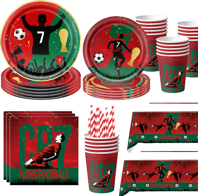 Fußballspieler Cr7 Geburtstagsdekoration Party-Geschirr Set mit Tellern, Bechern und Servietten in Multicolor für Kinder - Bild 1