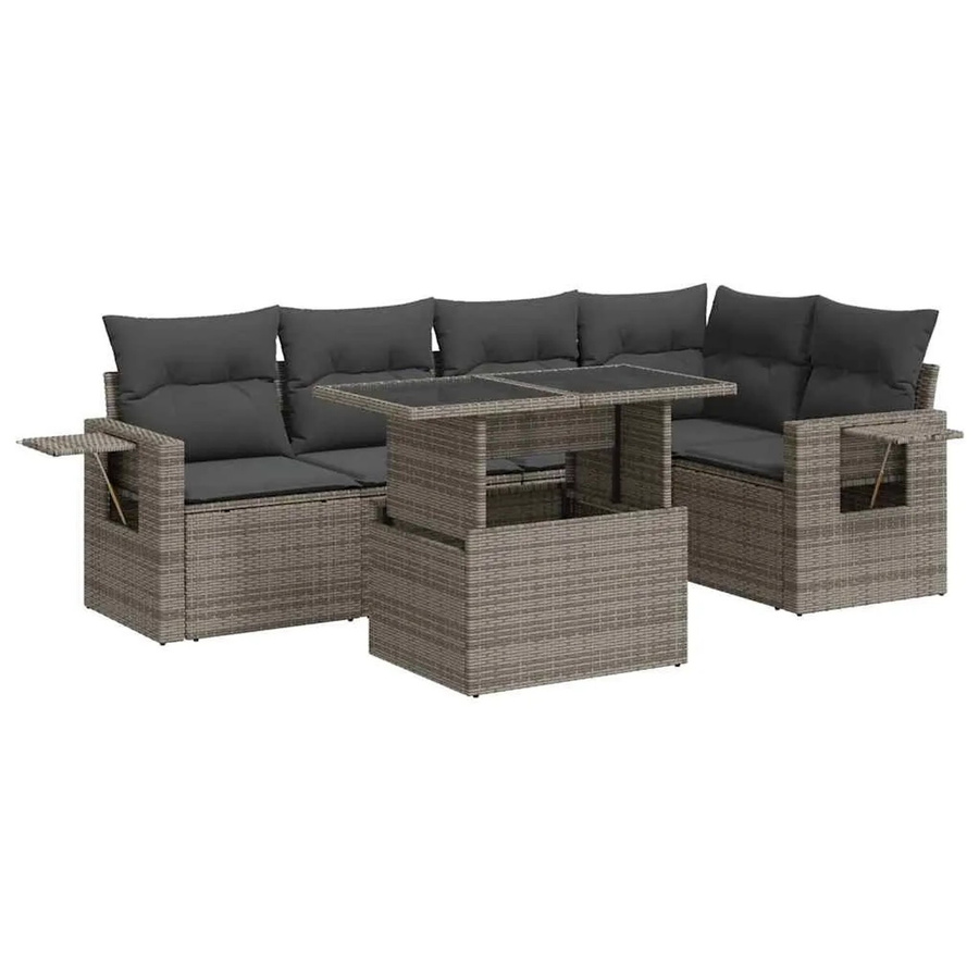 vidaXL 6-teilige Garten-Sofagarnitur in L-Form aus grauem Poly-Rattan mit Kissen und pulverbeschichtetem Stahlgestell - Bild 2
