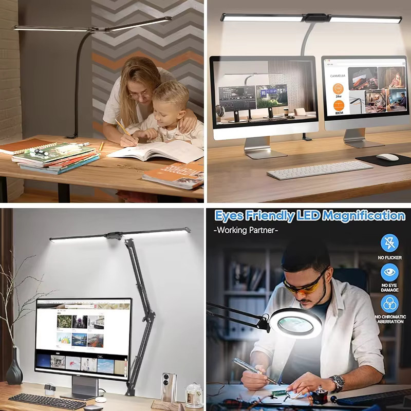 CANMEIJIA Doppelkopf-LED-Schreibtischlampe in Schwarz, stufenlos dimmbar per Touch, USB-Tischlampe für Büro und Studium - Bild 5