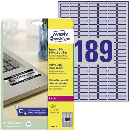 Avery Zweckform L6008-20 Typenschild-Etiketten aus silberner Polyesterfolie für Laserdrucker, B/H: 25,4 x 1,0 mm, 3780 Stück - Bild 1