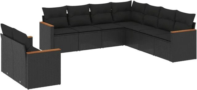 vidaXL 9-tlg. Garten-Sitzgruppe in L-Form mit Kissen, Schwarz - Bild 1