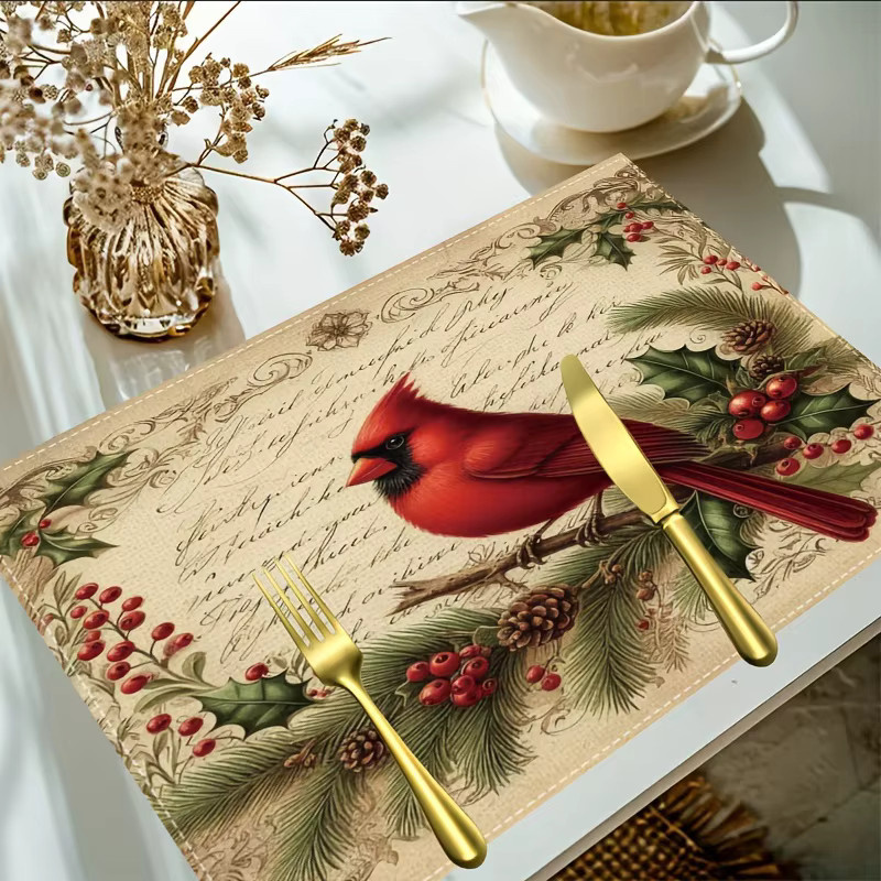 VIKAMA 4-teiliges Weihnachts-Tischset mit Robin, Stechpalme und Tannenzweig Muster in Multicolour im Vintage-Design - Bild 3