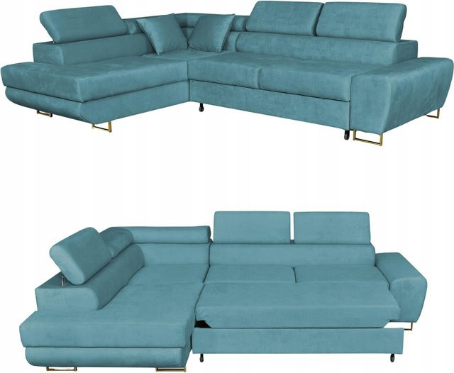 Ausziehbares Ecksofabett von Family Meble in Blau aus Samt mit linksseitiger Ausrichtung - Bild 1