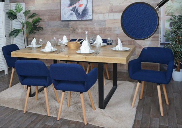 6er-Set Esszimmerstühle MCW-A50 II aus Holz mit blauem Cord-Stoff - Bild 1