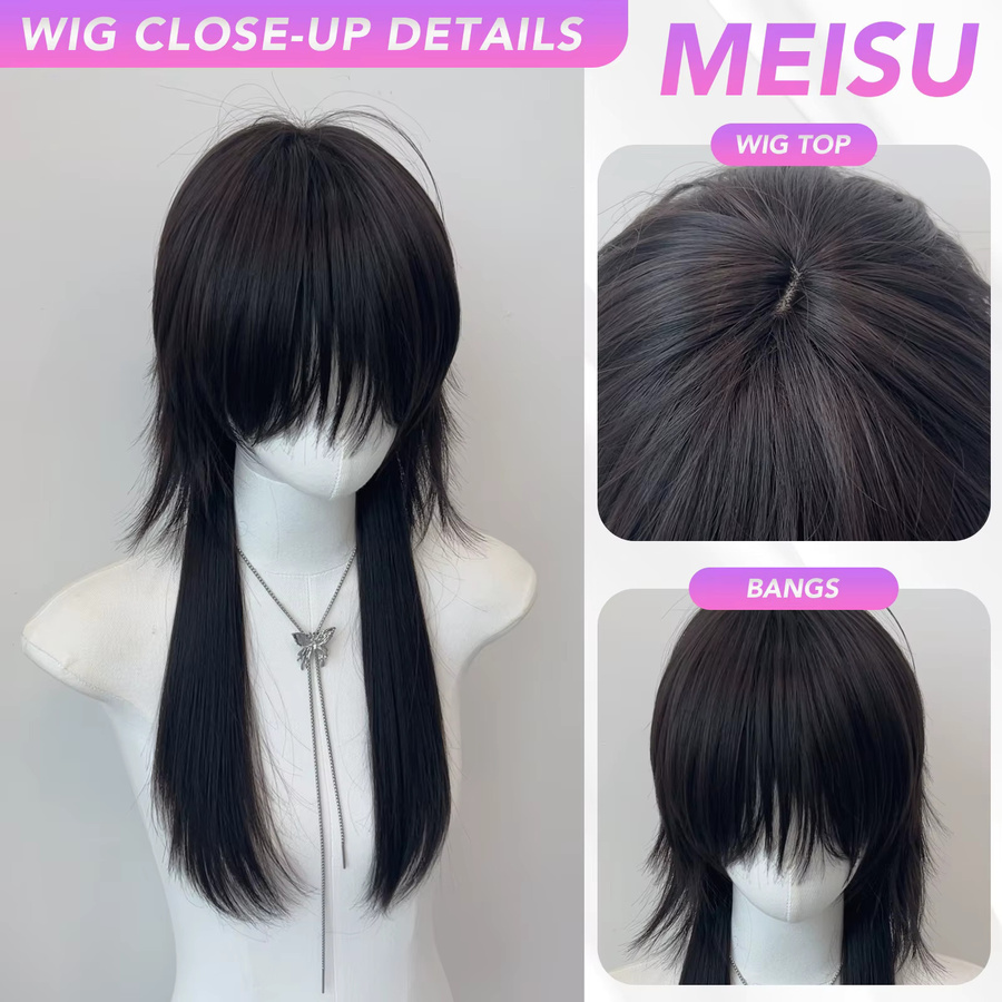 MEISU Perücke, synthetisch, gerade, Air Bangs, schwarz, Damen - Bild 4
