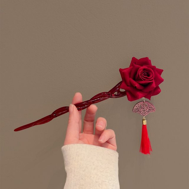 Haarstab, rote Rose mit Quaste und Fächerdetail, Damen - Bild 1