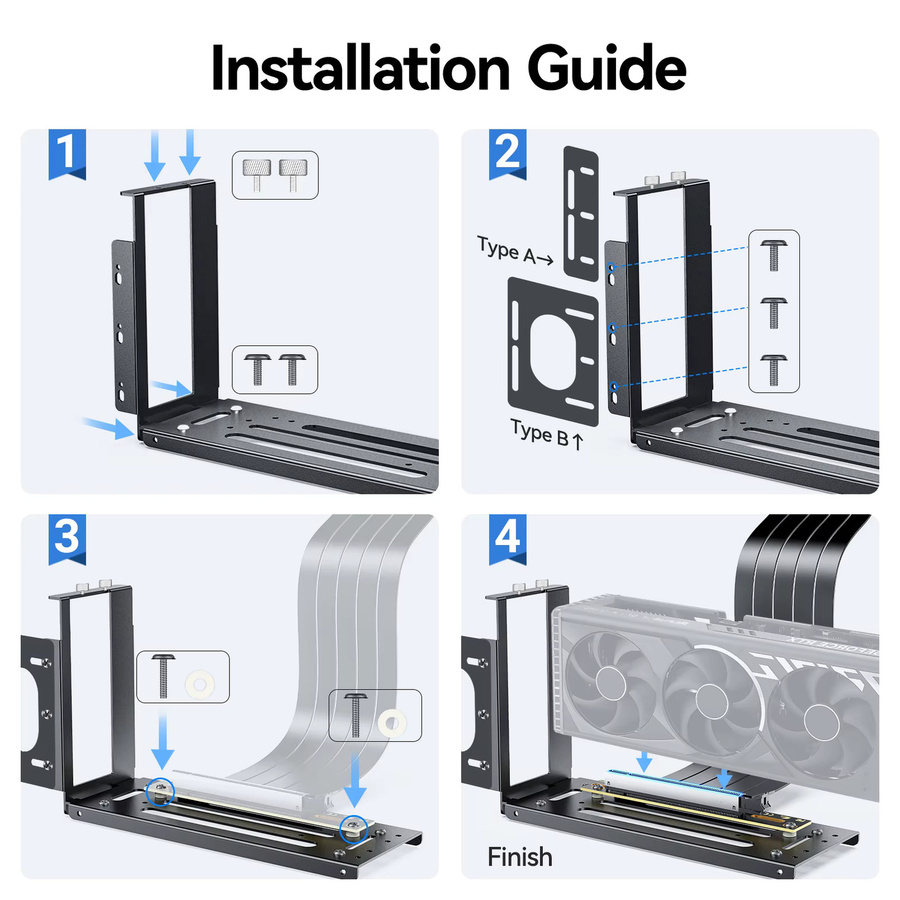 JEYI Vertikale Grafikkarten-Montagehalterung aus Aluminium in Schwarz, kompatibel mit PCIe 3.0/4.0/5.0-Verlängerungskabeln für 2/3 Steckplätze - Bild 6