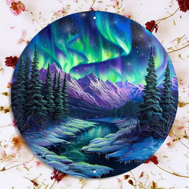 Rundes Aluminium-Metallschild Potdemiel mit Nordlichter-Landschaft, wetterbeständige Außenwanddekoration, Durchmesser: 20 cm, Mehrfarbig - Bild 1