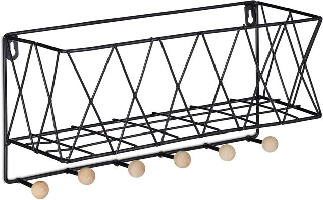 Relaxdays Wandregal aus Metall und Holz in Schwarz mit 6 Haken und Gitter-Design, B/T/H: 36 x 17 x 13 cm - Bild 1