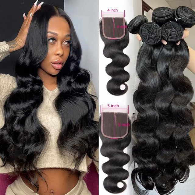 Fashowbeauty Lace Closure mit Body Wave Echthaar-Bündeln, 100% Remy Echthaar-Extensions, Unisex - Bild 1