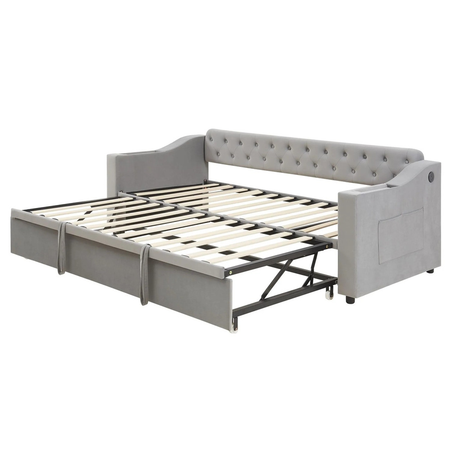 Merax Schlafsofa aus Samt mit USB-Anschluss und Lattenrost in Grau, B/T/H: 90 x 190 cm - Bild 2