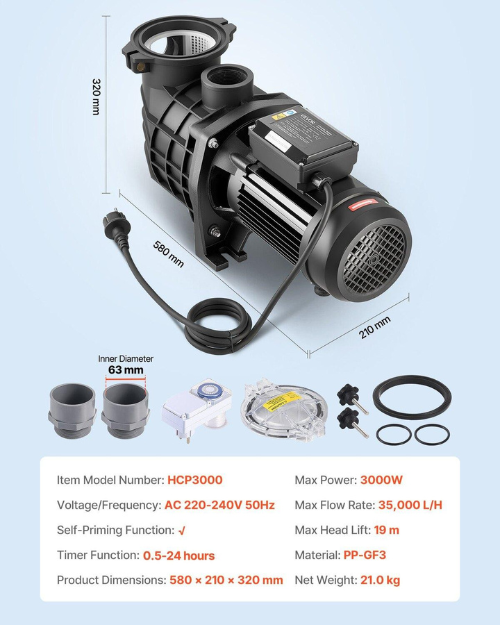 Buying Solutions MB Poolpumpe mit 3000W Leistung, 35.000 L/H Durchflussrate, 24-Stunden-Timer und Filterkorb - Bild 5