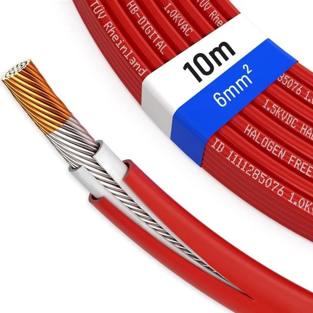 hb-digital Solarkabel 6 mm² H1Z2Z2-K TÜV zertifiziertes Photovoltaik Kabel für PV Anlagen, 10 m, Rot - Bild 1