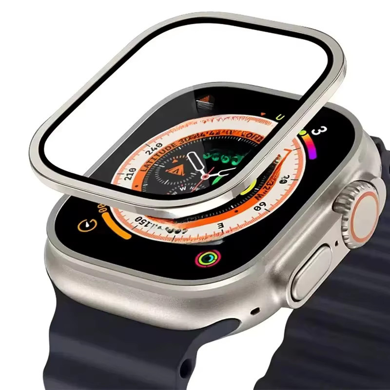 Displayschutzfolie aus gehärtetem Glas mit Titan-Metallrahmen für Apple Watch Ultra und Ultra 2 49 mm, kratzfest, Farben: transparent, blau, silber - Bild 5
