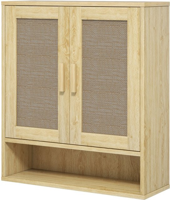 HOMCOM Wandmontage Badezimmerschrank im Boho-Design mit Rattan-Optik und Eichenholz-Effekt, Farbe: Braun, B/T/H: 59 x 20 x 66,5 cm - Bild 1