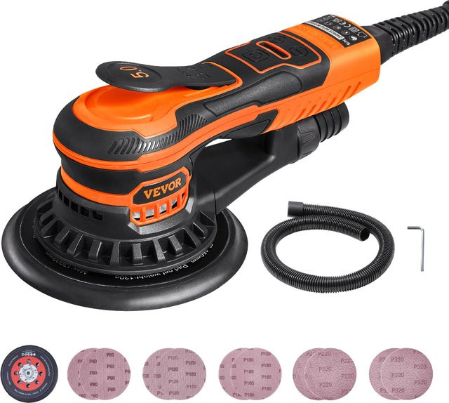 SucceBuy Exzenterschleifer Orange, 350 W, bürstenloser Motor, 10000 PRM, 6 variable Geschwindigkeiten, elektrische Flachschleifmaschine für Holzbearbeitung - Bild 1