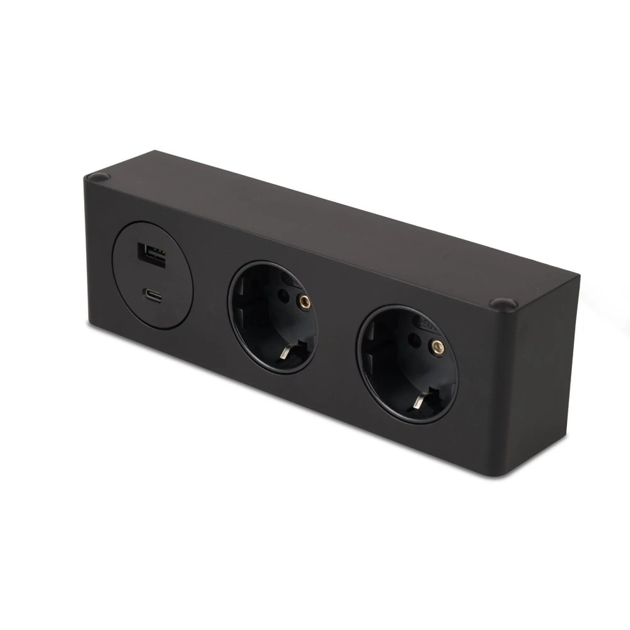 Kalb 3-fach Steckdosenleiste zur Montage mit 2x 230V und 2x USB in Schwarz, B/T/H: 20,0 x 4,6 x 6,25 cm - Bild 2