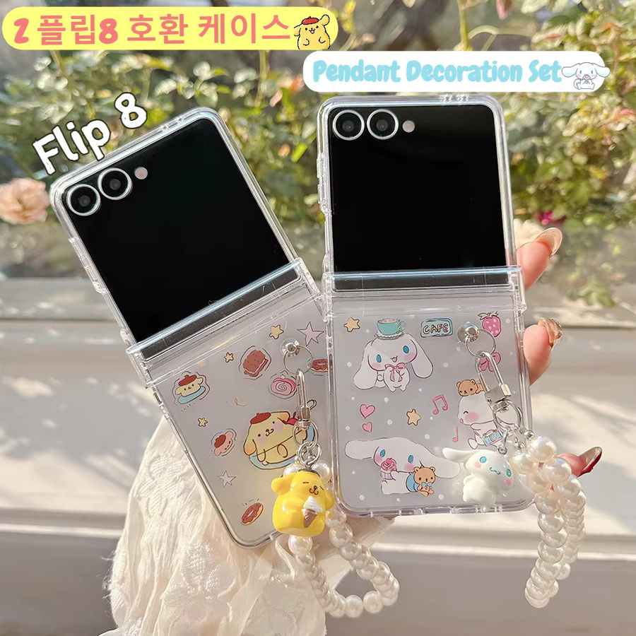 Sanrio Cinnamoroll und Pompompurin Transparente Schutzhülle für Samsung Galaxy Z Flip 8 7 6 5 mit Scharnierschutz und Anhängerband - Bild 1